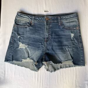 Vanilla Star Women’s Frayed Denim Mid Rise Shortie size 11, Blue